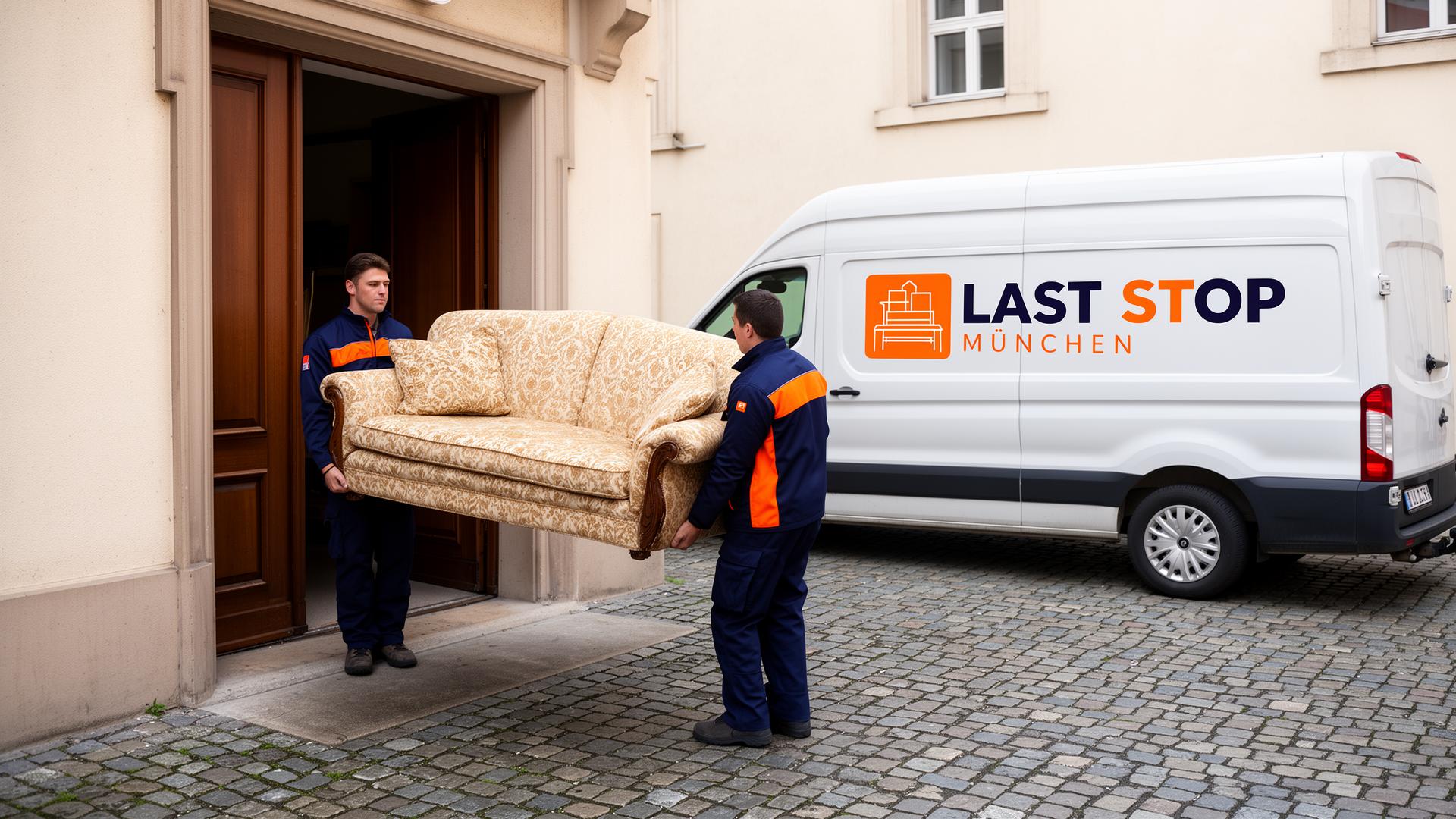Zwei Umzugshelfer in dunkelblau-oranger Arbeitskleidung tragen einen Umzugskarton und verpackte Möbel in eine helle Wohnung