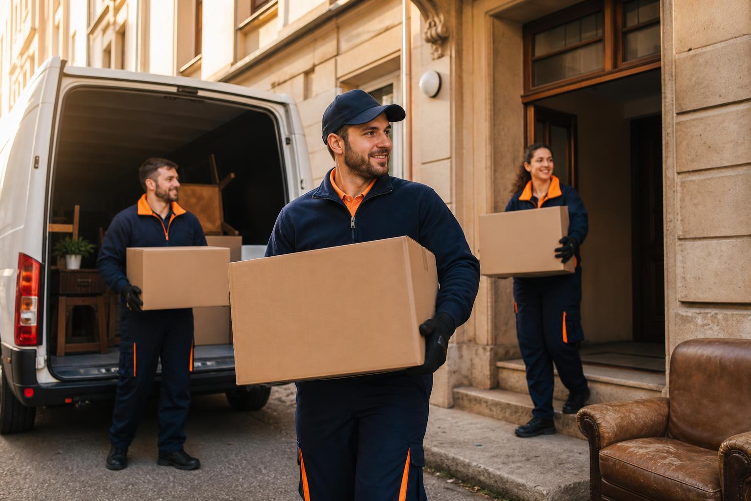 Freundliches Team in dunkelblau-oranger Arbeitskleidung trägt Kartons aus einem Altbau in einen weißen Transporter – Haushaltsauflösung in München