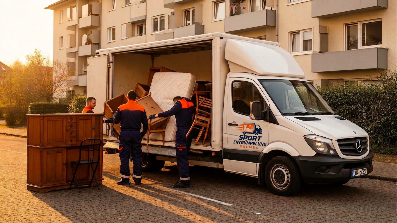 Team in dunkelblau-oranger Arbeitskleidung lädt Sperrmüll in einen weißen Transporter mit Aufschrift Last Stop München